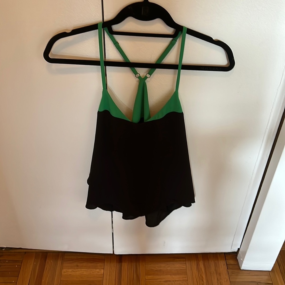 Bcbg black silky tank with green top/straps